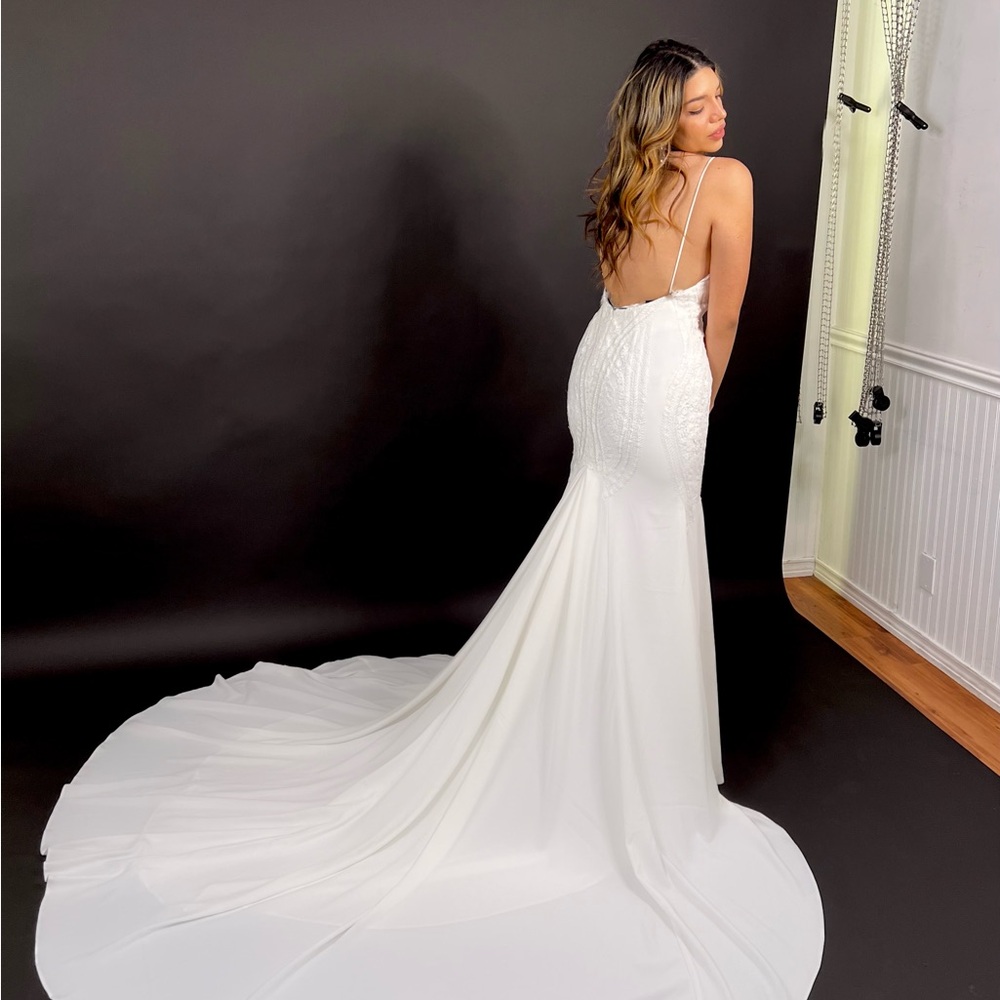 Pronovias Mermaid, White Lace Wedding Dress w/ beautiful train and open back - Picture 4 of 6